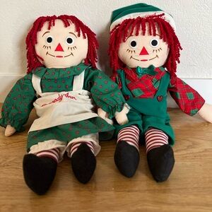 Vintage 90s Christmas Raggedy Ann and Andy dolls 24” Excellent Condition Stuffie